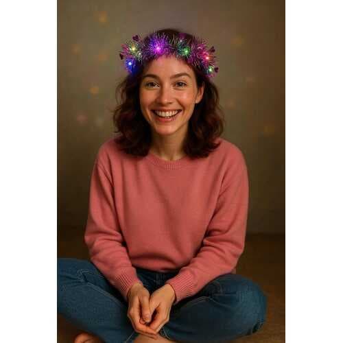 Kalp Püsküllü Gece Parıltısı 3 Modlu LED'li Işıklı Taç Fuşya Renk