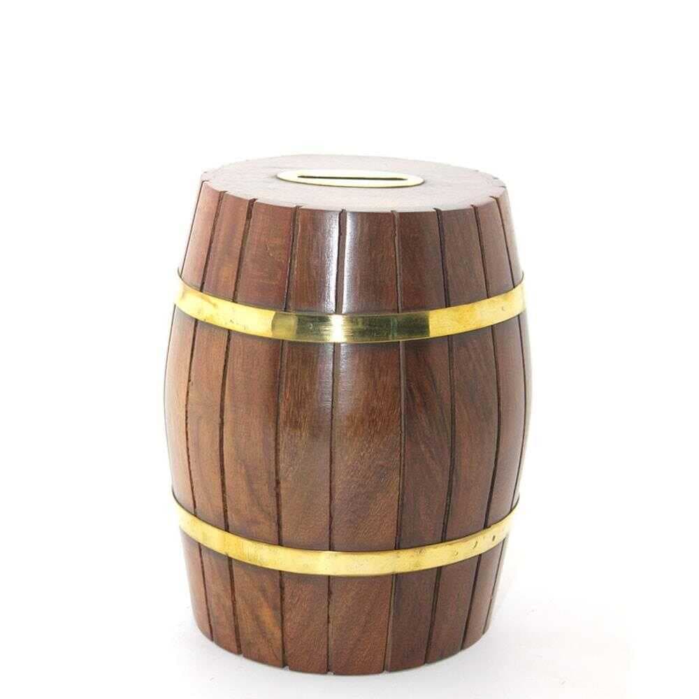 Pirinç Ahşap Fıçı Kumbara 15 Cm (Esk-WB538) (477477)