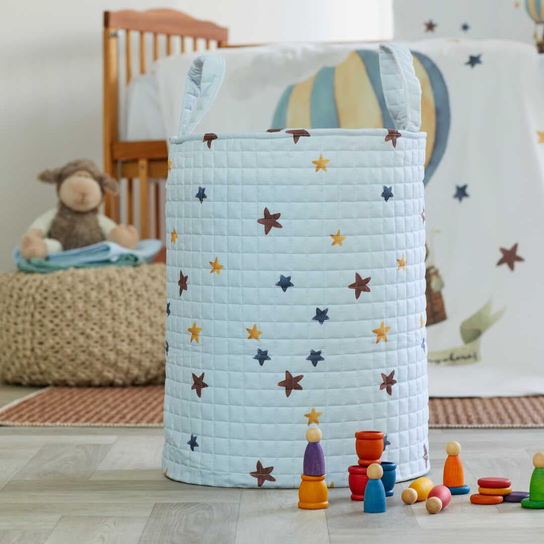 ARBABABY ORGANİK PAMUK BEBEK OYUNCAK VE ÇAMAŞIR SEPETİ - MAVİ RENK YILDIZ TEMALI