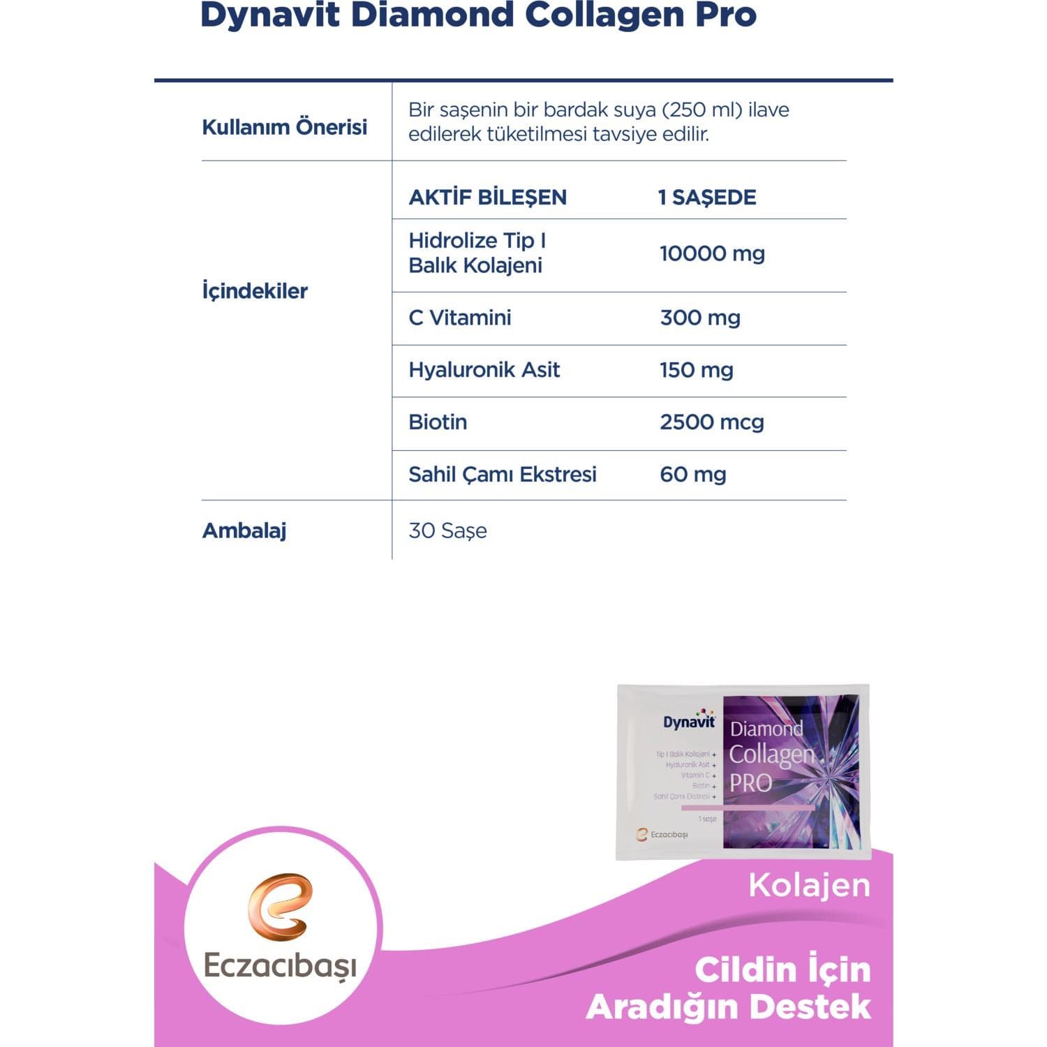 Dynavit Diamond Collagen Pro Çilek Aromalı Hidrolize Balık Kolajeni 30 Saşe