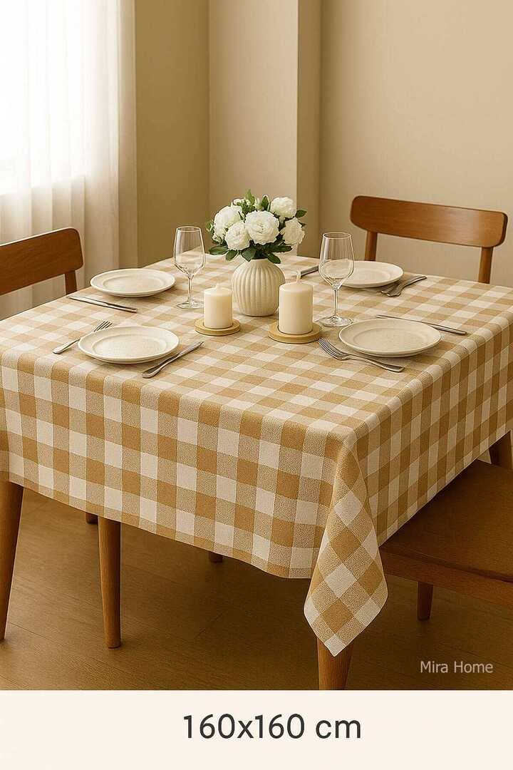 Fiber Kareli Masa Örtüsü Sofra Bezi Ekose Desen 160x160 Cm Bej
