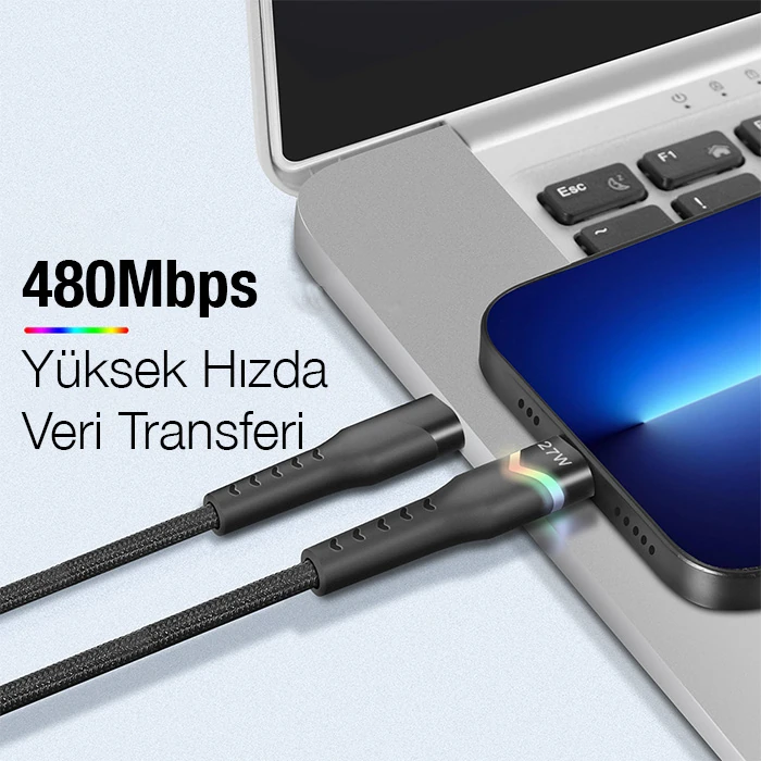 ALLY Led Işıklı 27W Type-C To iPhone Lightning Hızlı Şarj Kablosu 1m-(5775)