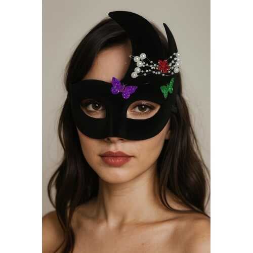 Siyah Renk İncili Taşlı Süet Kaplama Venedik Parti Maskesi 20x22 cm