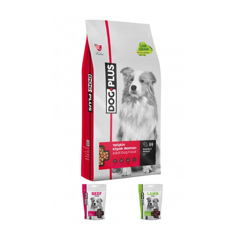 DogPlus Düşük Tahıllı Hipoalerjenik Kuzu Etli Pirinçli Yetişkin Köpek  Maması 15 Kg + Kuzu Etli + Dana Etli Ödül