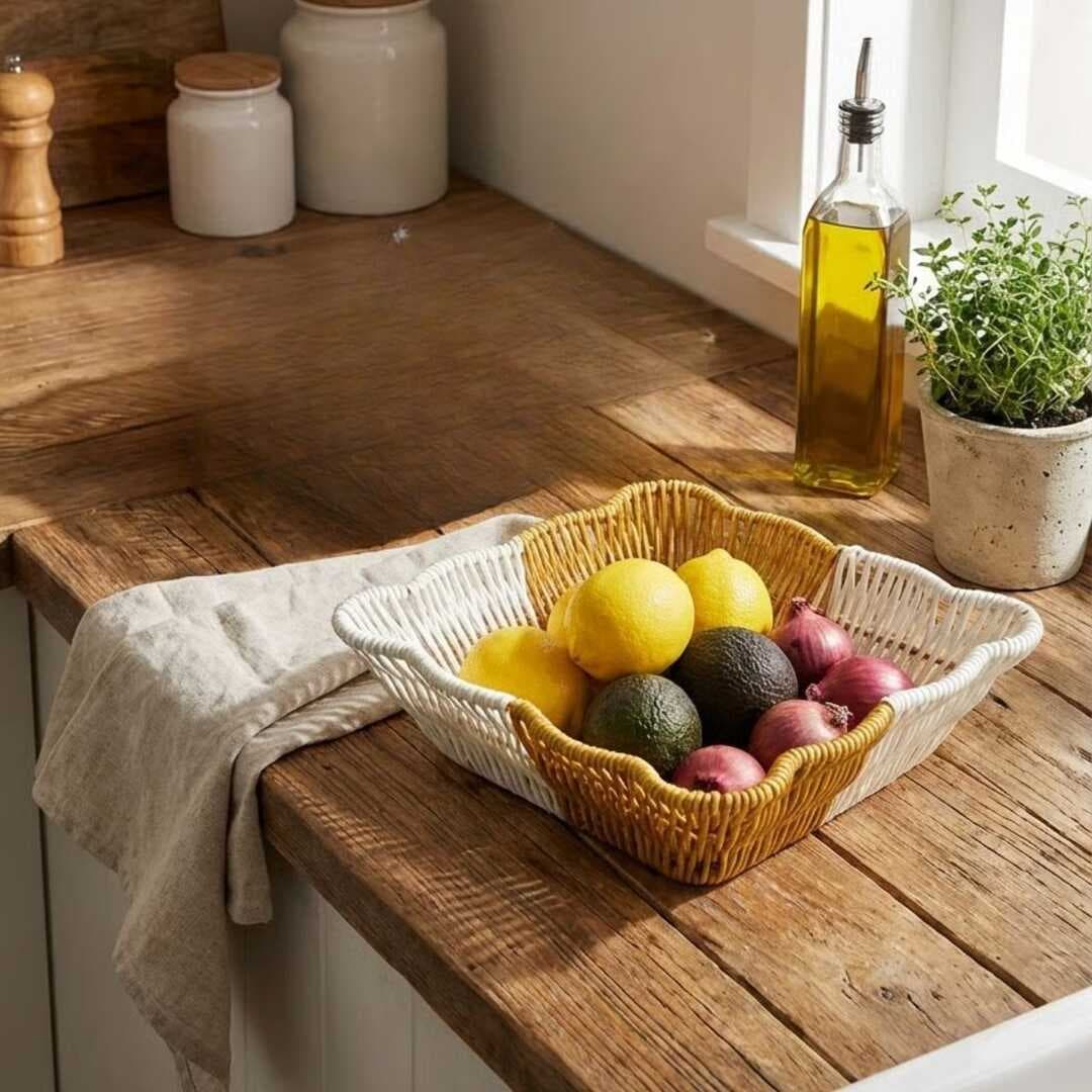 Kare Dalgalı Çift Renkli Plastik Rattan Ekmek ve Meyve Sepeti - Çok Amaçlı Banyo ve Mutfak Düzenleyici - Yıkanabilir Tezgâh Üstü Organizer (5430)