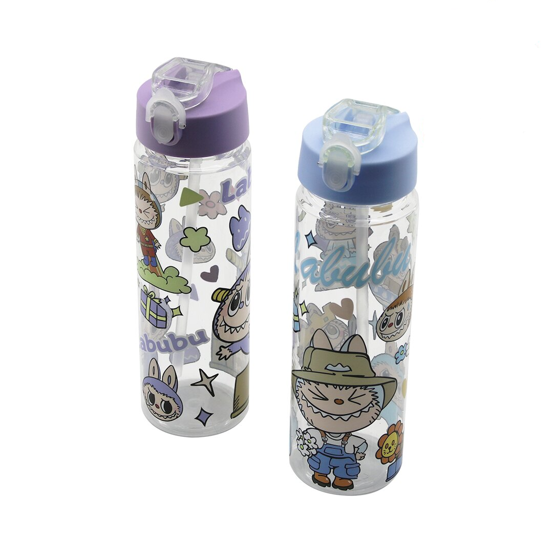 LABUBU ÇOCUK ÇİZGİ FİLM KARAKTER RESİMLİ SU MATARASI ŞEFFAF PLASTİK PİPETLİ KİLİTLİ KAPAK (5430)