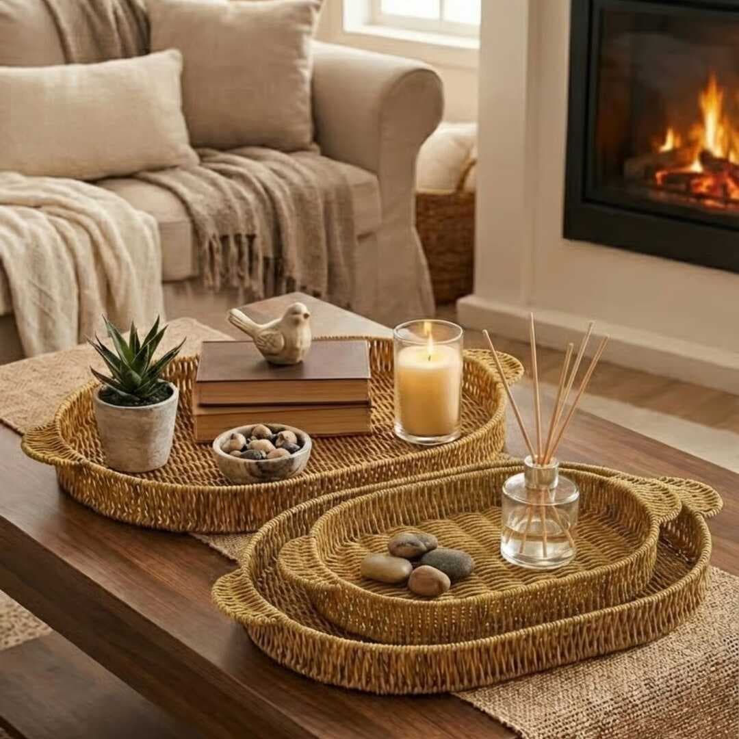 İç İçe Geçebilen 3’lü Oval Plastik Rattan Tepsi Seti–Hasır Görünümlü Çok Amaçlı Servis ve Sunum Tepsileri (5430)