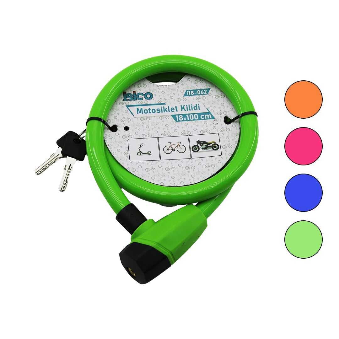ANAHTARLI KALIN MOTOR - BİSİKLET KİLİT ÇELİK TEL RENKLİ KILIF 18MMX100CM (5430)