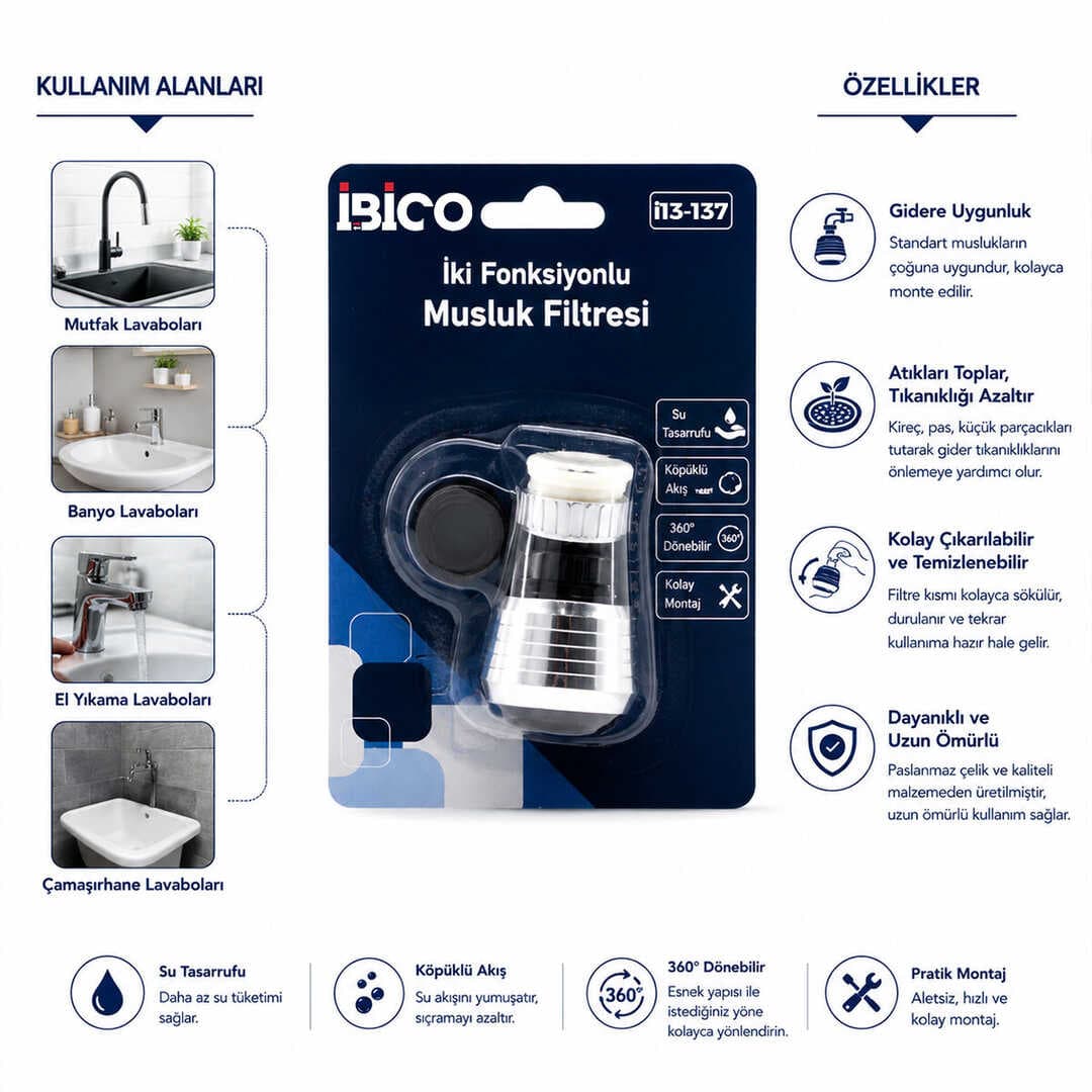 12 ADET MUSLUK UCU FİLTRESİ 2 FONKSİYONLU 360° DERECE DÖNEBİLEN BAŞLIK 16-19MM CAŞLIK ÇAPI (5430)