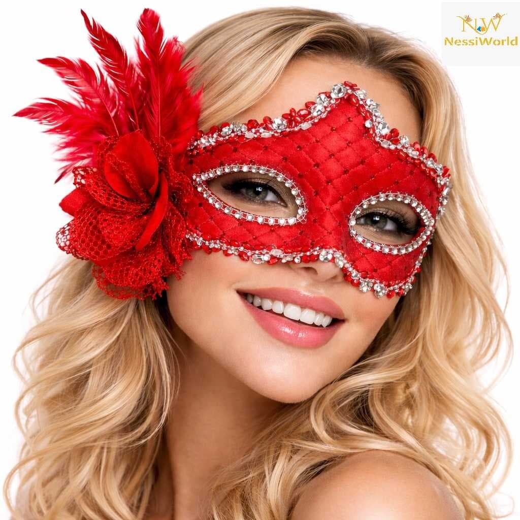Kırmızı Tüylü Venedik Lüks Balo Maskesi