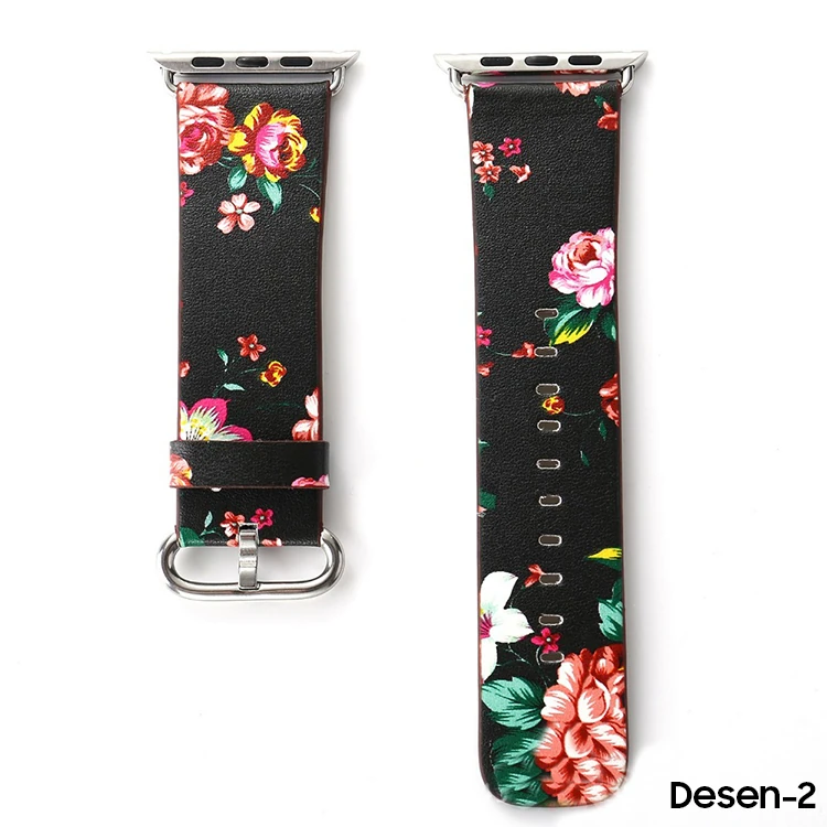 Ally Apple Watch 7-8 45mm 6-5-4 44mm Gül Desenli Pu Deri Kordon Kayış 3-2-1 42mm-(5775)