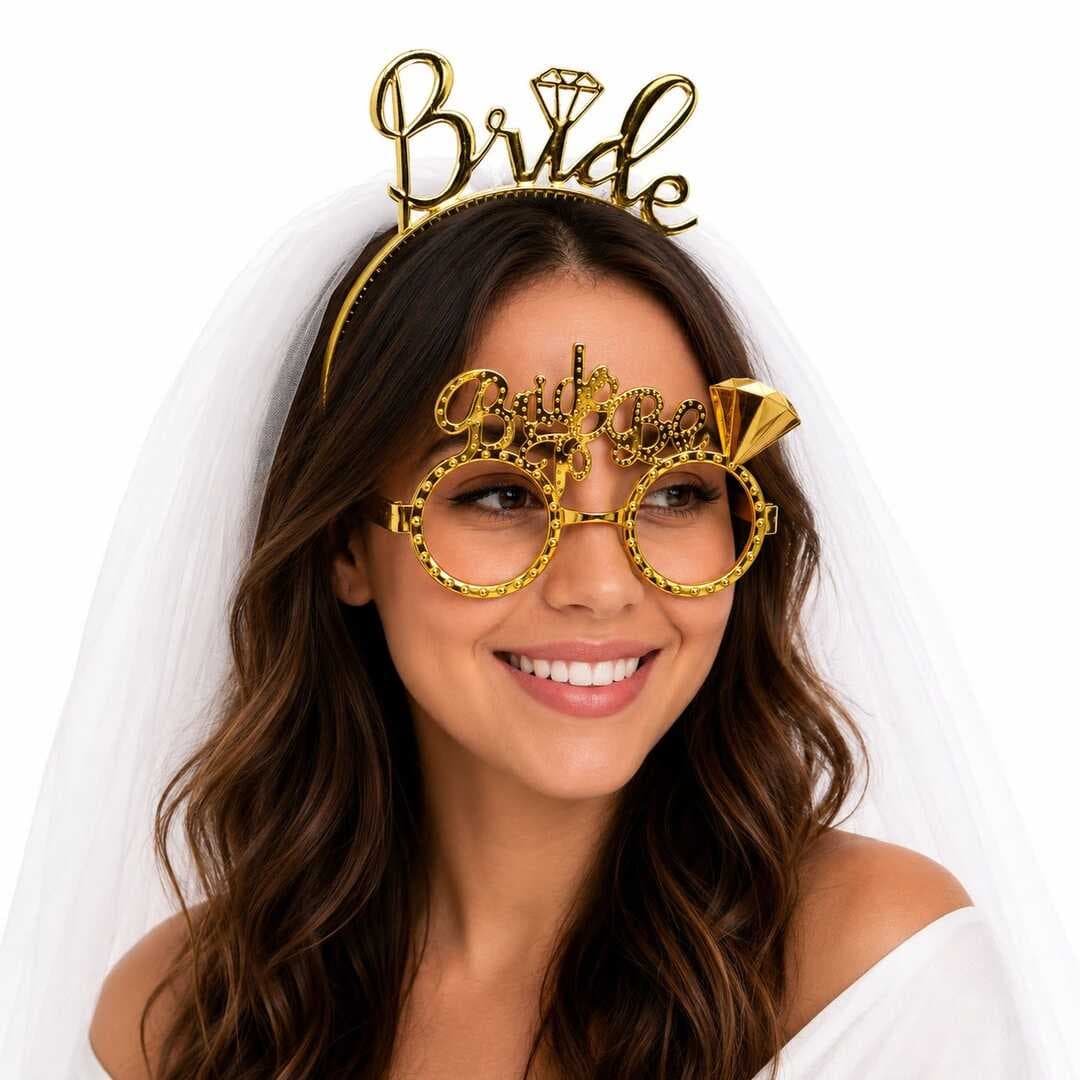 Bride Yazılı Gold Taç ve Parti Gözlüğü Seti (5430)