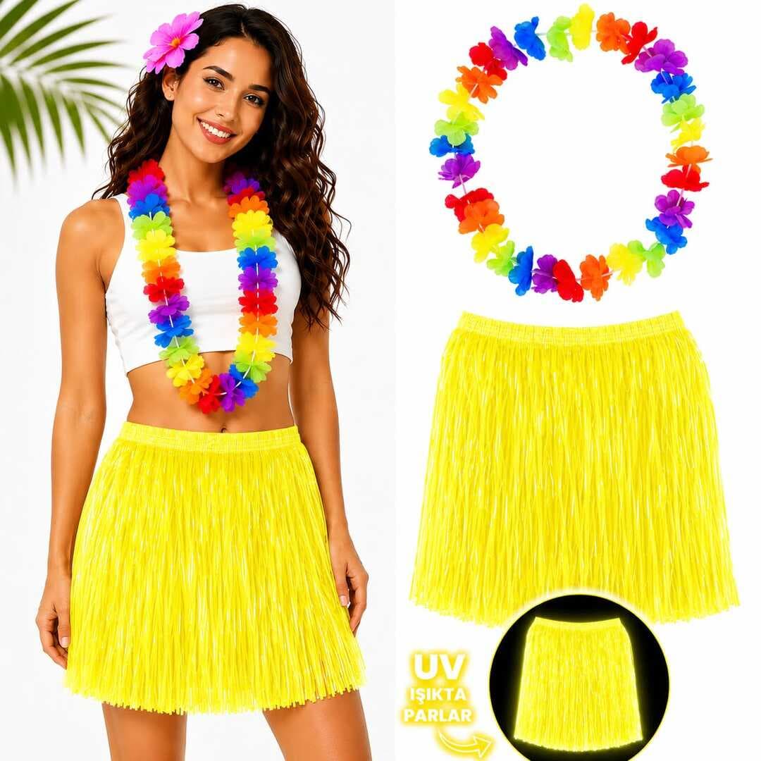 Neon Sarı Hawaii Etek 40 cm ve Rengarenk Hawaii Kolye (5430)