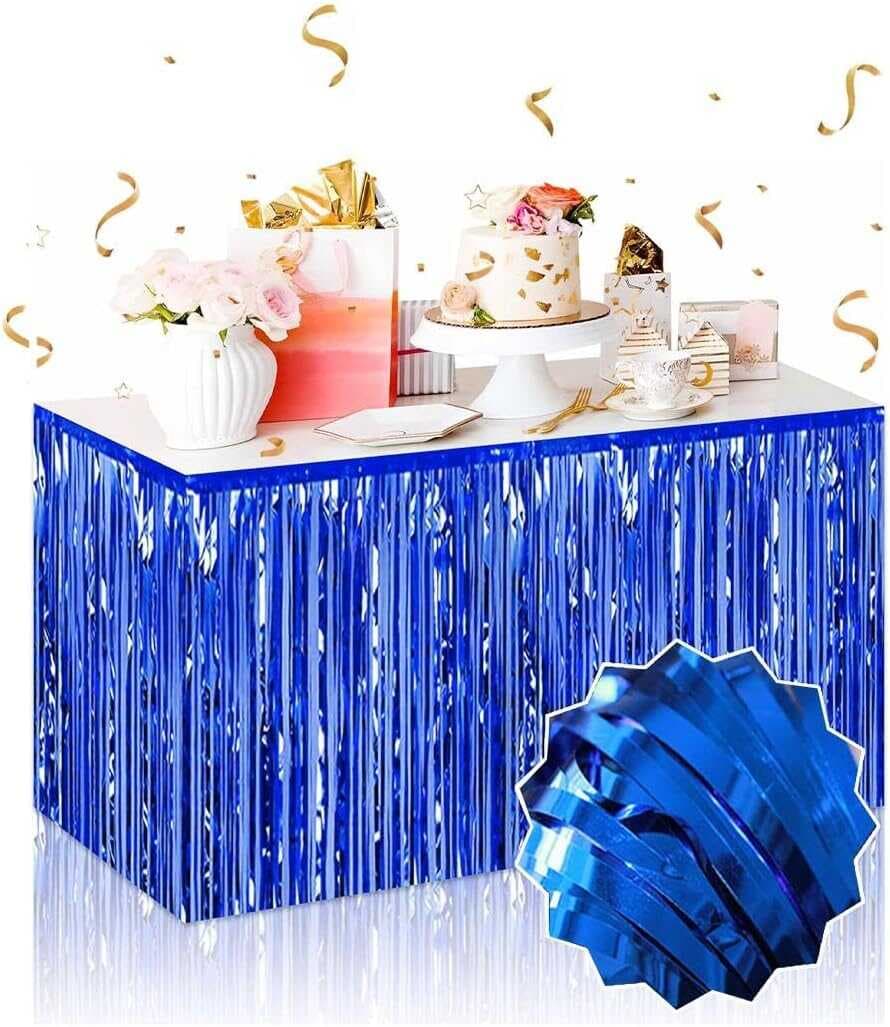 Kendinden Yapışkanlı Mavi Metalize Püsküllü Masa Eteği – 75 x 275 cm Parti Süslemesi (5430)