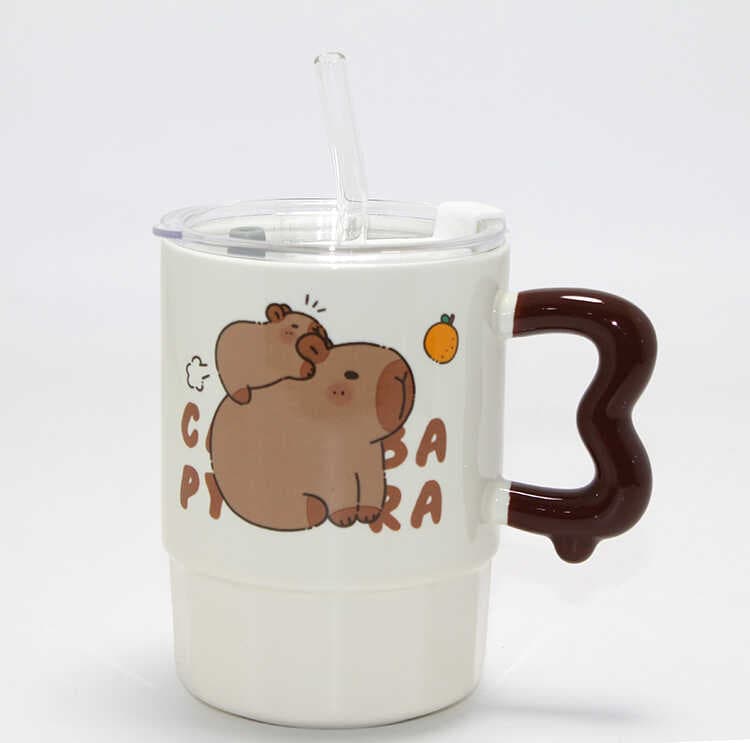 Sevimli Capybara Figürlü Kapaklı Porselen Kupa Bardak