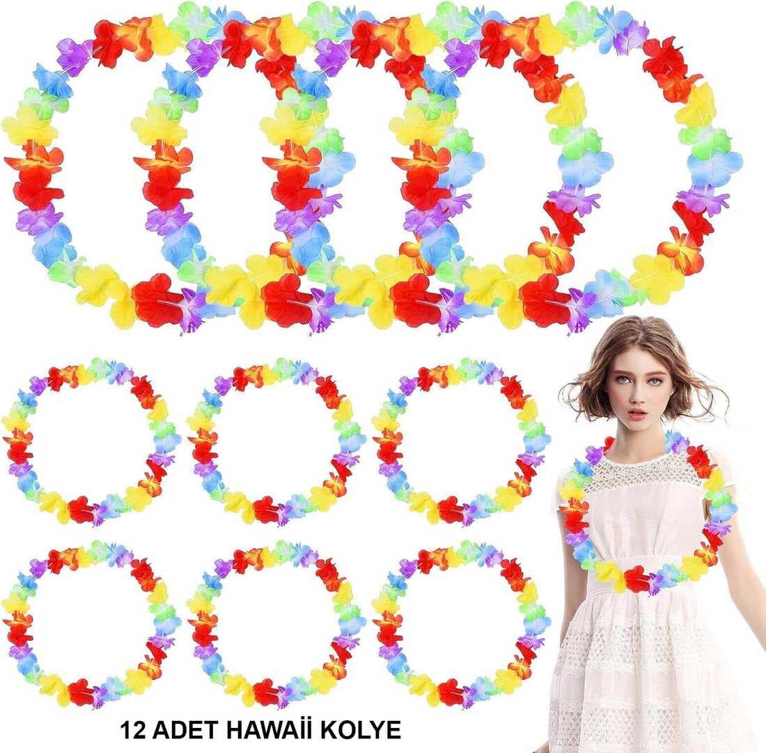 Hawaii Çiçekli Boyun Kolyesi - Renkli Tropikal Parti Leisi 12 Adet (5430)
