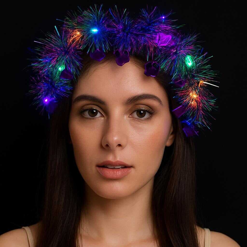 Kalp Püsküllü Gece Parıltısı 3 Modlu LED&amp;apos;li Işıklı Taç Mor Renk (5430)