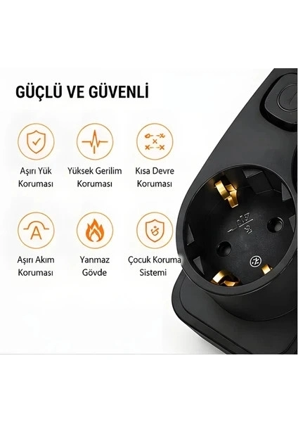 Akım Korumalı 5’li Priz 2xusb 2xtype-c Çıkış Akım Koruma Çoklu Priz Çoğaltıcı Anahtarlı Ftr-31 Siyah