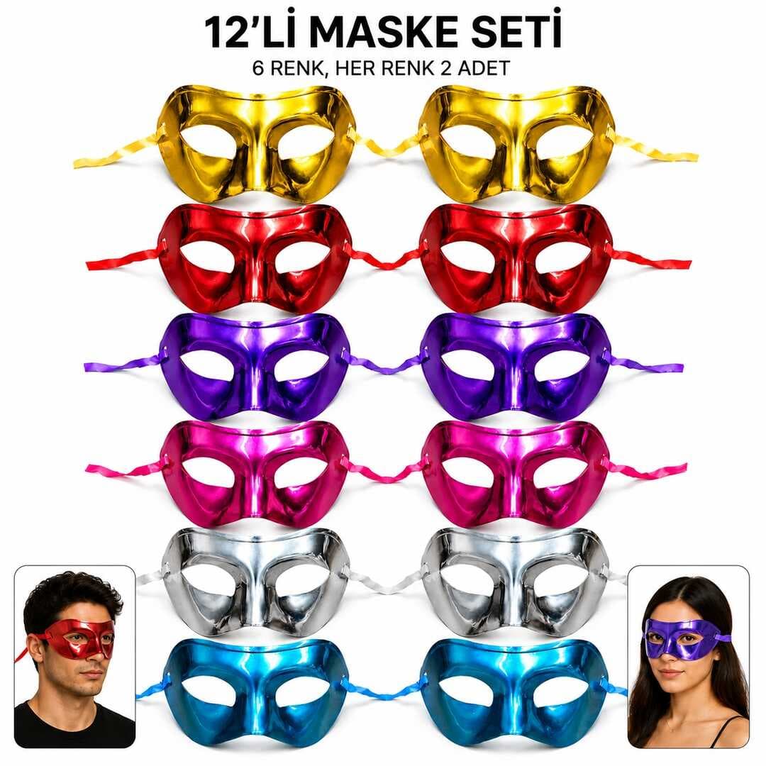 12&amp;apos;li Metalik Venedik Toptan Parti Maskesi Seti – 6 Renk Karışık (5430)