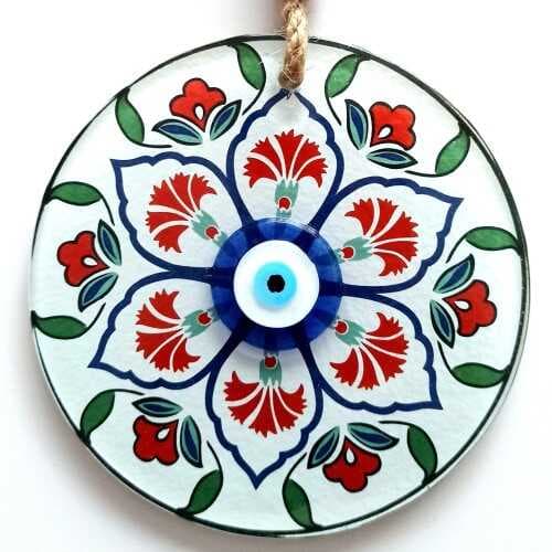 Karanfil Desenli Nazar Boncuklu Füzyon Cam Duvar Süsü