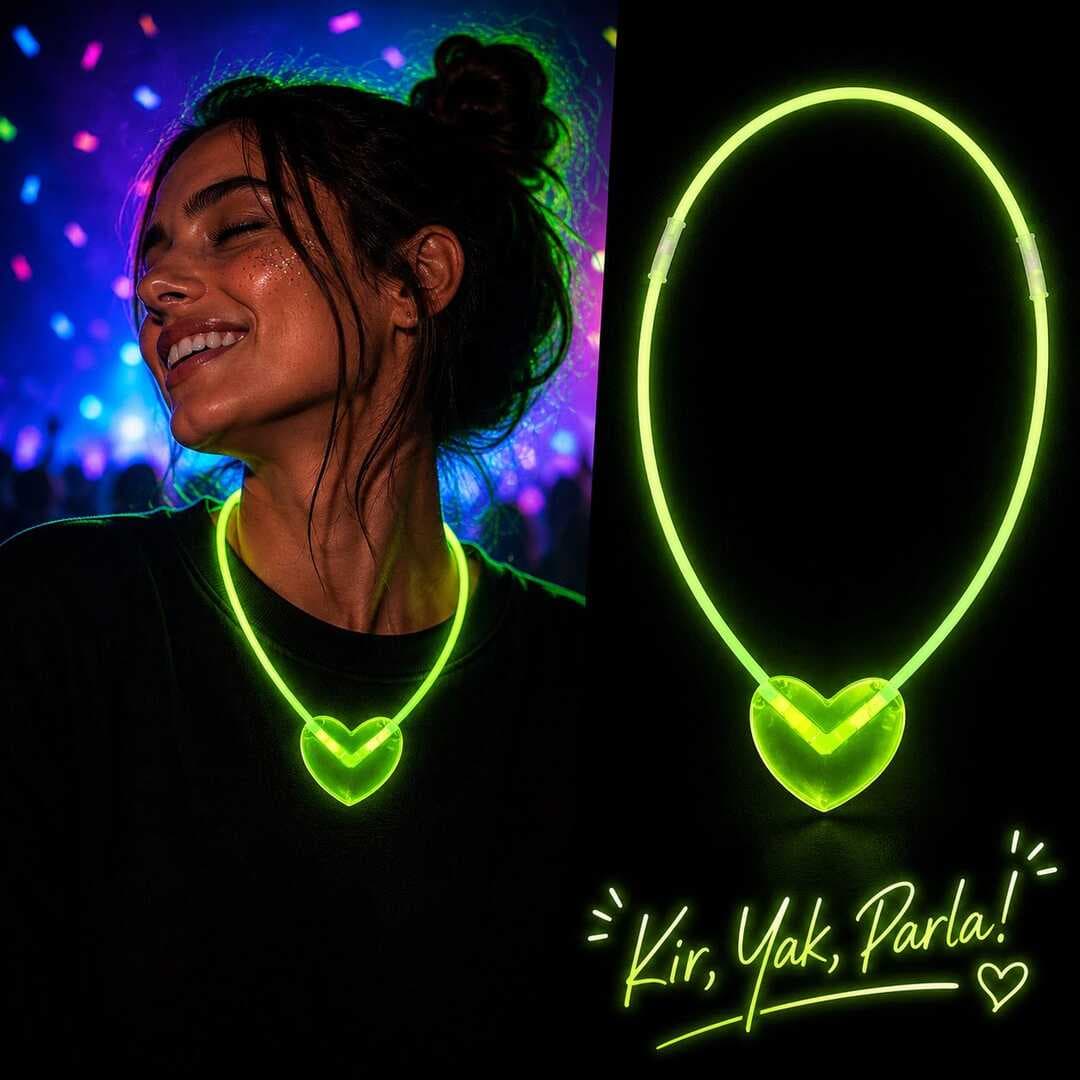 Neon Işıklı Fosforlu Kalp Parti Kolyesi Yeşil Renk (5430)