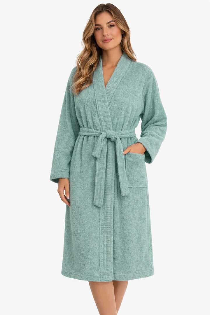 Kimono Yaka Unisex Pamuklu Tek Kişilik Bornoz  Yeşil