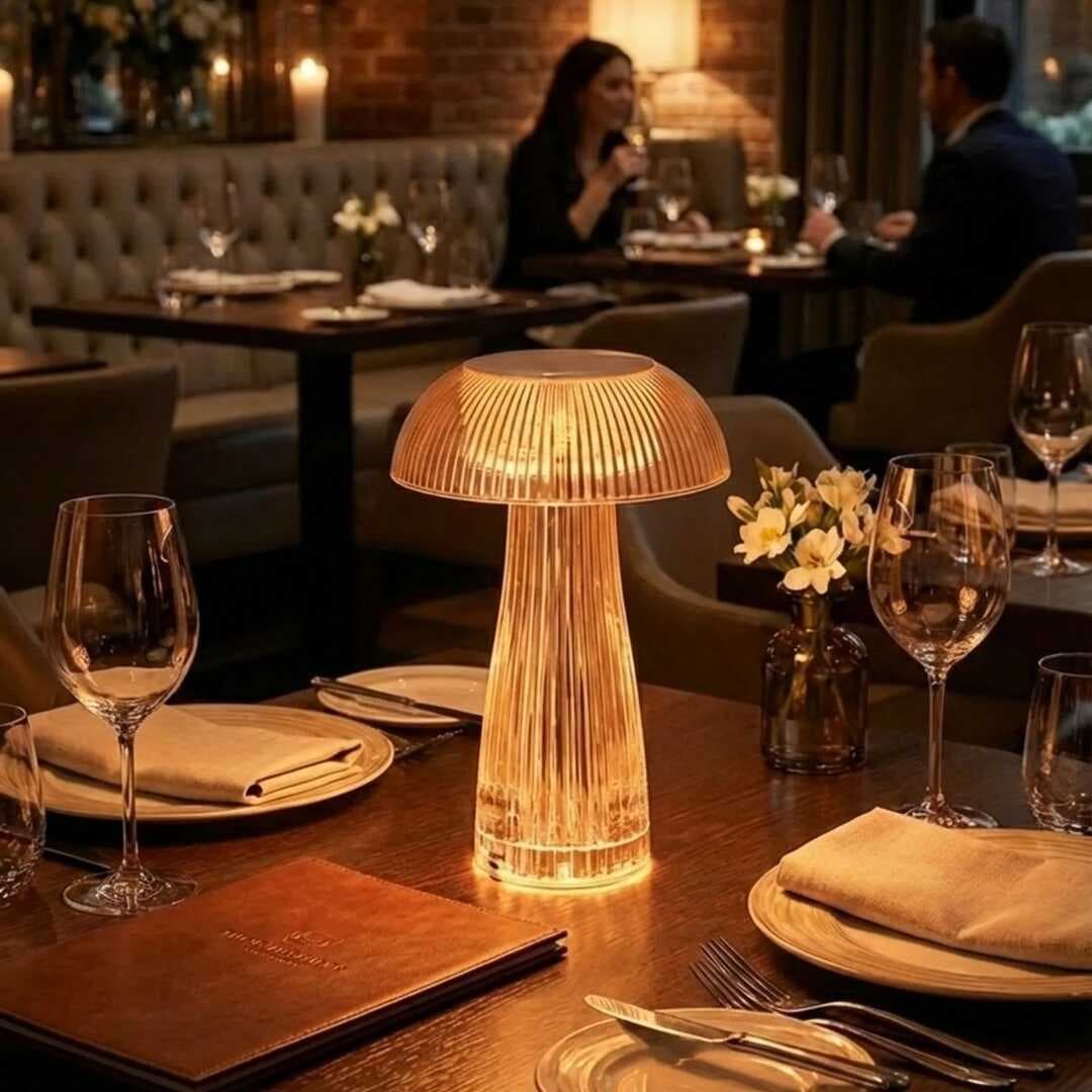 Şeffaf Mantar Model LED Masa Lambası –Kumandalı Şarjlı, Dokunmatik, Rengarek Işık Modlu Dekoratif Gece Lambası (5430)