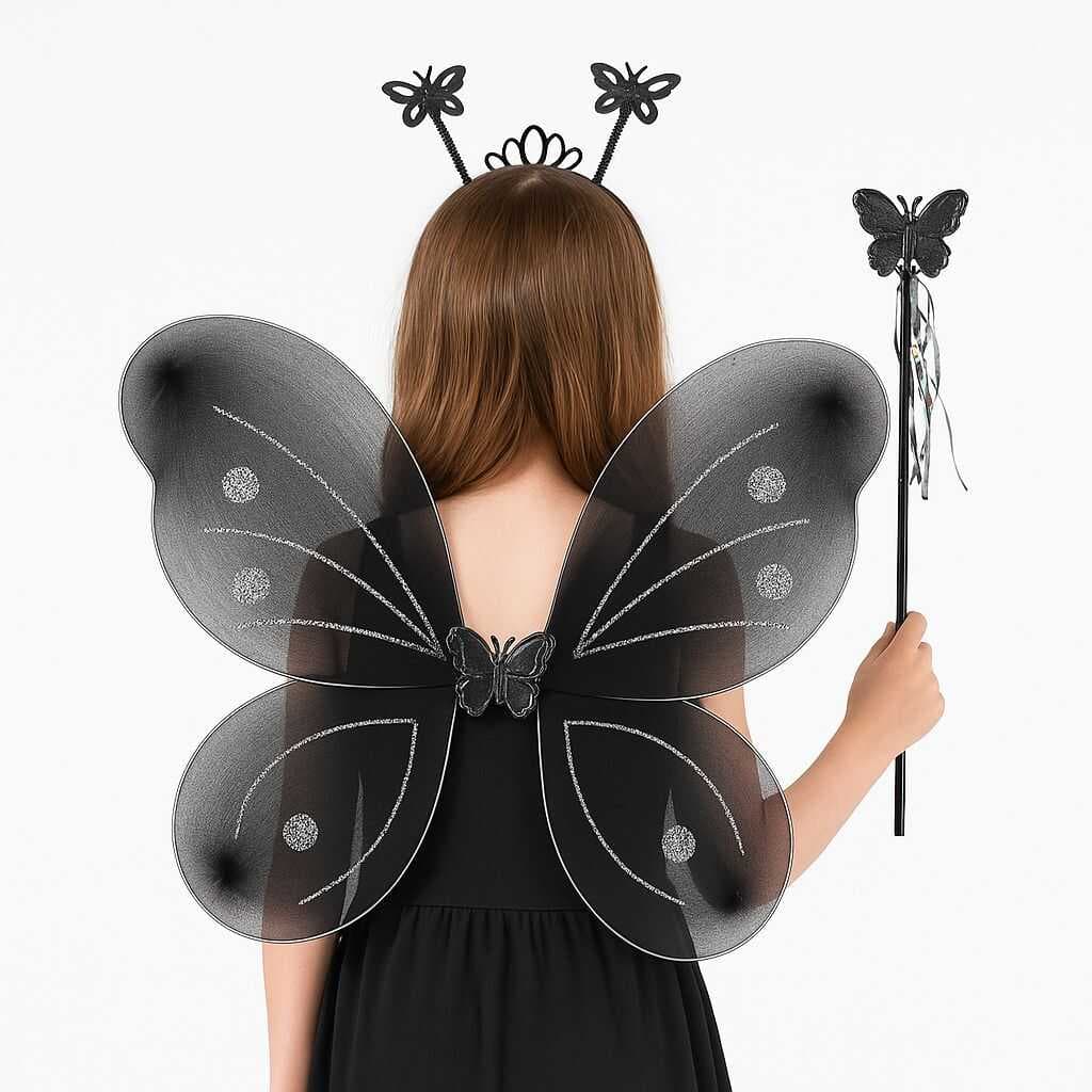Siyah Kelebek Kız Seti – 50 cm Kelebek Kanadı, Taç ve Asa (5430)