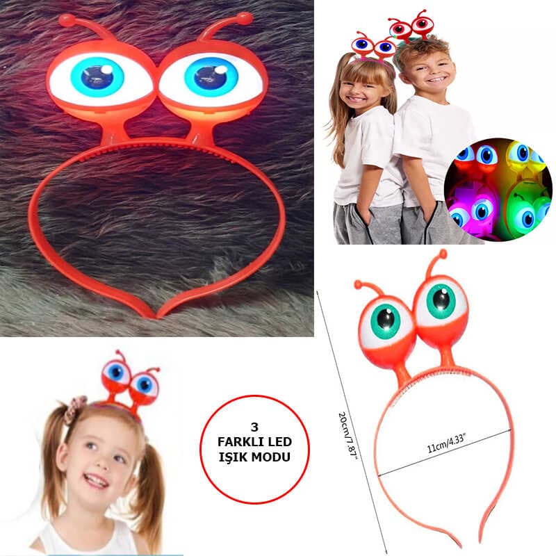 Led Işıklı & Pilli 3 Farklı Modda Yanan Uzaylı Göz Parti Tacı Kırmızı Renk 18x12 cm