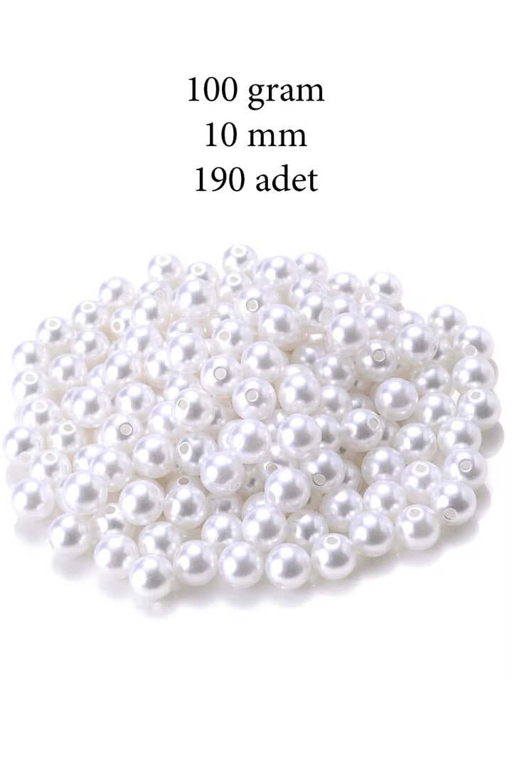 100 gram 10mm Beyaz Renk Plastik İnci Boncuk Çanta ve Takı Yapım Boncuğu (~190 adet)