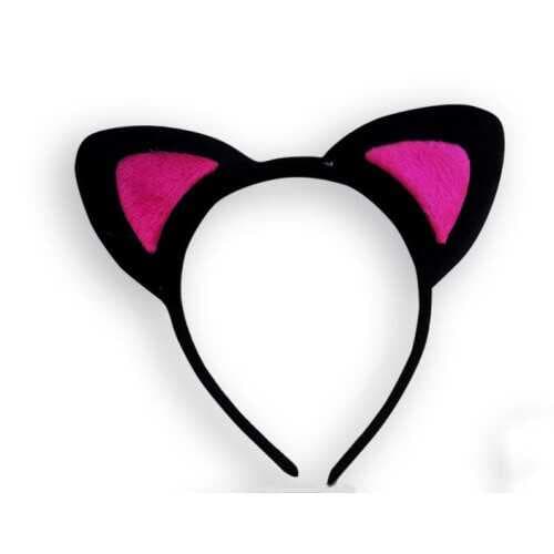 Sevimli Kedi Kulak Pofuduk Kedi Taç Siyah İçi Şeker Fuşya Renk 17x15 cm