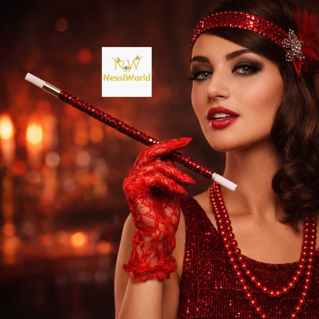 30 cm Kırmızı Payetli Sigara Tutacağı – 1920’ler Gatsby Parti Aksesuarı