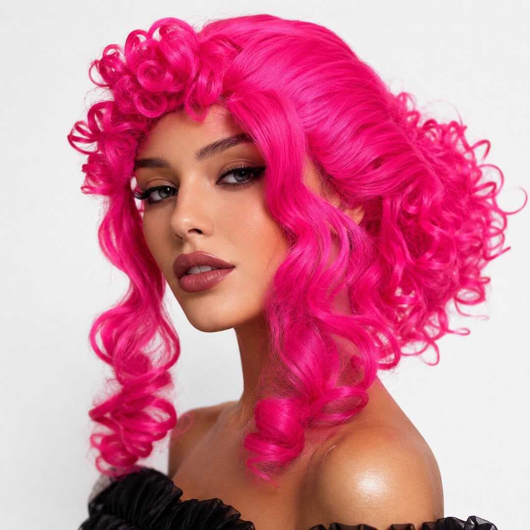 Neon Pembe Bukleli Kıvırcık Cosplay Peruğu - İçi Astarlı (5430)