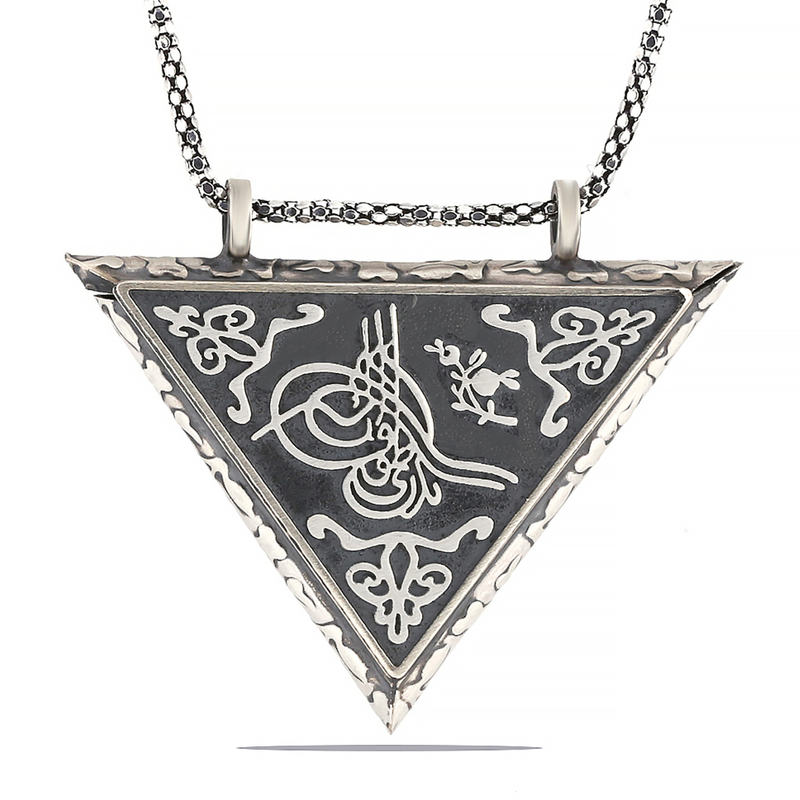 925 Ayar Gümüş Üçgen İçi Açılabilen Tuğra Muskalık Gümüş Kolye (T6014) (477477)