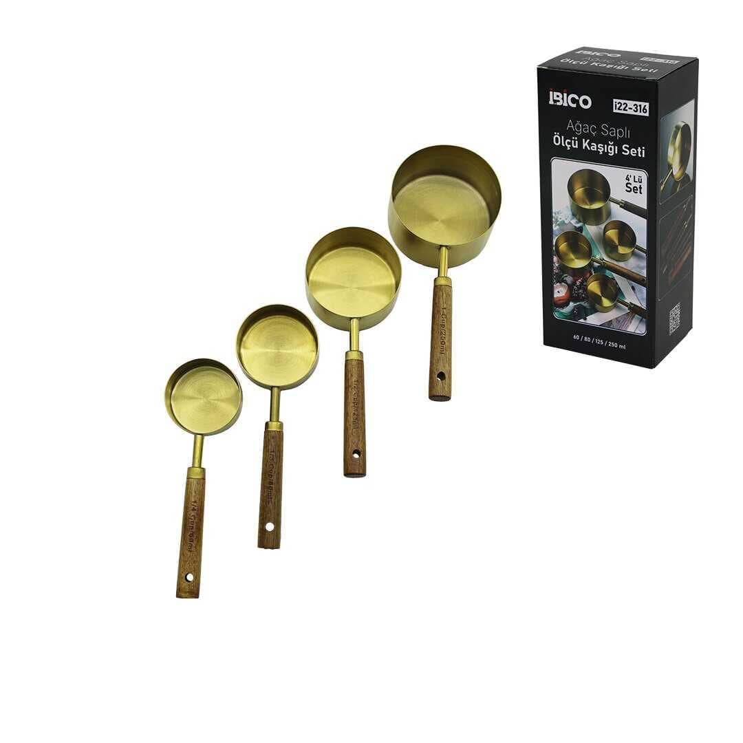 4 PCS GOLD METAL ÖLÇÜ KAŞIK SETİ OTANTİK AĞAÇ KULP 250ML - 125ML - 80ML - 60ML (5430)
