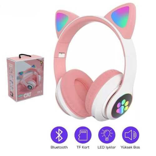 Kedi Figürlü Bluetooth Kulaklık Pembe Renkli