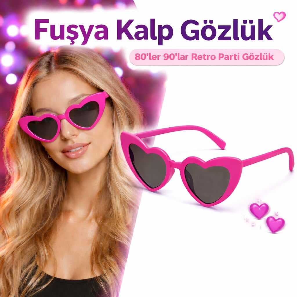 Fuşya Pembe Retro Kalp Gözlük – 80’ler 90’lar Stil Parti Gözlüğü (5430)