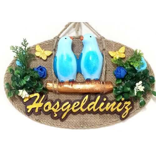 Mavi Kuşlu Hoşgeldiniz Yazılı Kapı Süsü