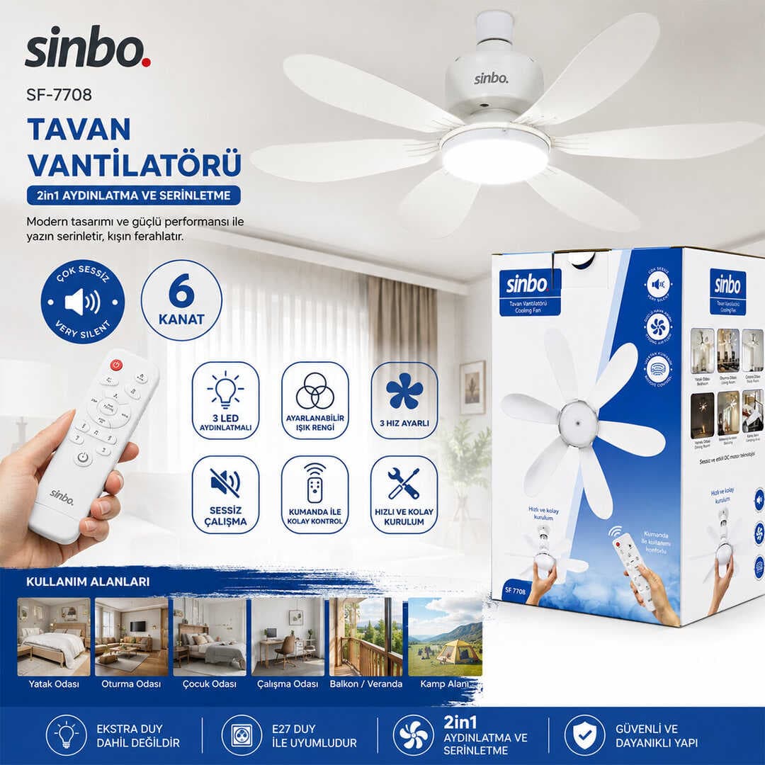 3 LED AYDINLATMALI - SESSİZ ÇALIŞMA 6 KANAT - KUMANDA TAVAN VANTİLATÖR SF-7708 (5430)