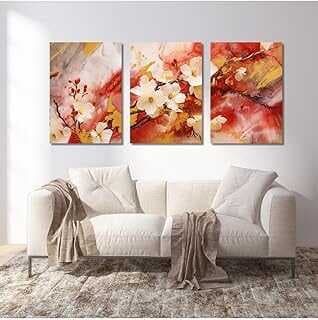 GAAGART 3'lü Kavas Duvar Tablosu Seti Kırmızı Beyaz Bahar Çiçekleri 60 x 90 gartM1850