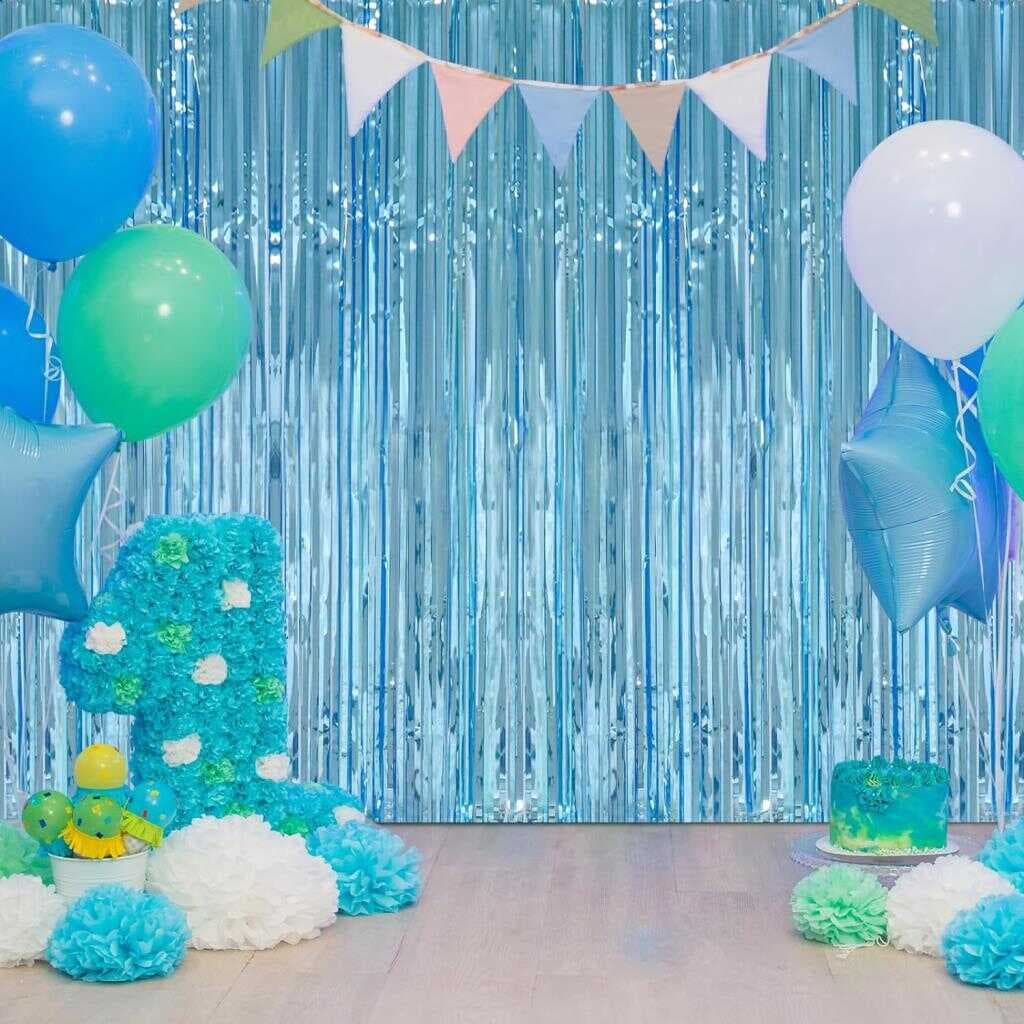 Nessiworld   Açık Mavi Renk Ekstra Metalize Parlak Saçaklı Arka Fon Perde İthal A Kalite 1x2 Metre