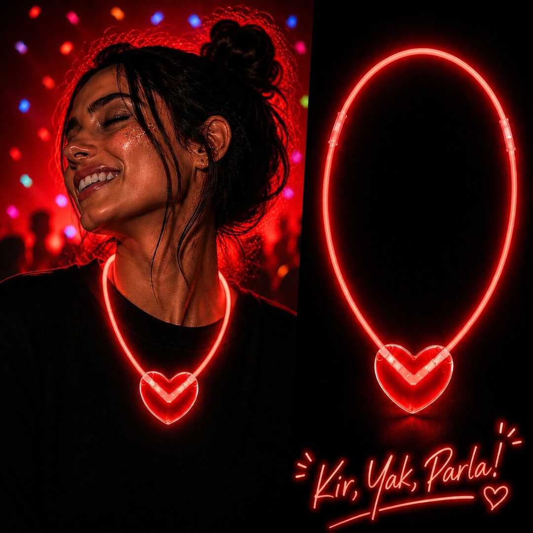 Neon Işıklı Fosforlu Kalp Parti Kolyesi Kırmızı Renk (5430)