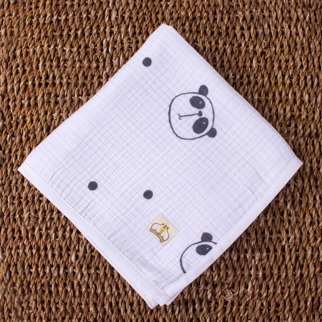 ARBABABY %100 ORGANİK PAMUK 4 KATLI DESENLİ MUSLİN BEBEK BATTANİYESİ - PANDA TEMALI