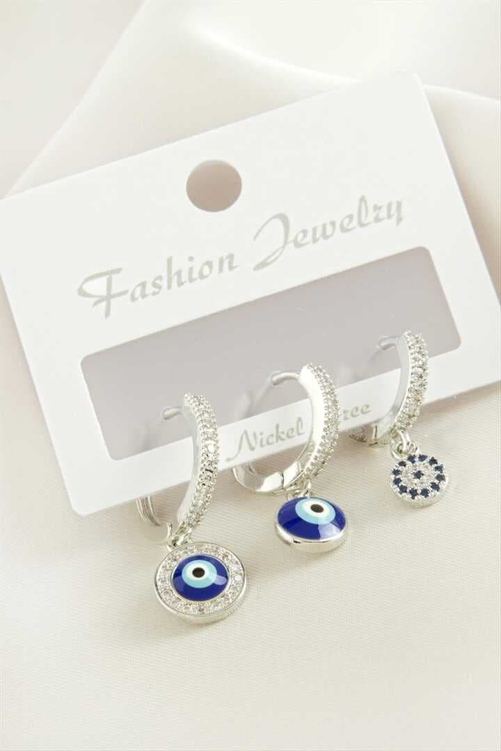 3 Adet Nazar Zirkon Taşlı Küpe