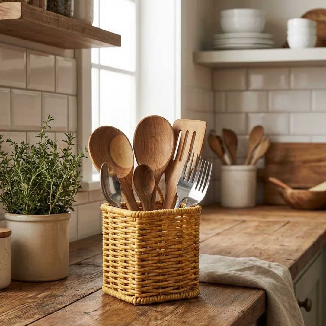 Kare Hasır Dokulu Plastik Rattan Kaşıklık &amp;amp; Çatallık – Askılı Kendiliğinden Tutmalı Çok Amaçlı Mutfak Organizeri (5430)