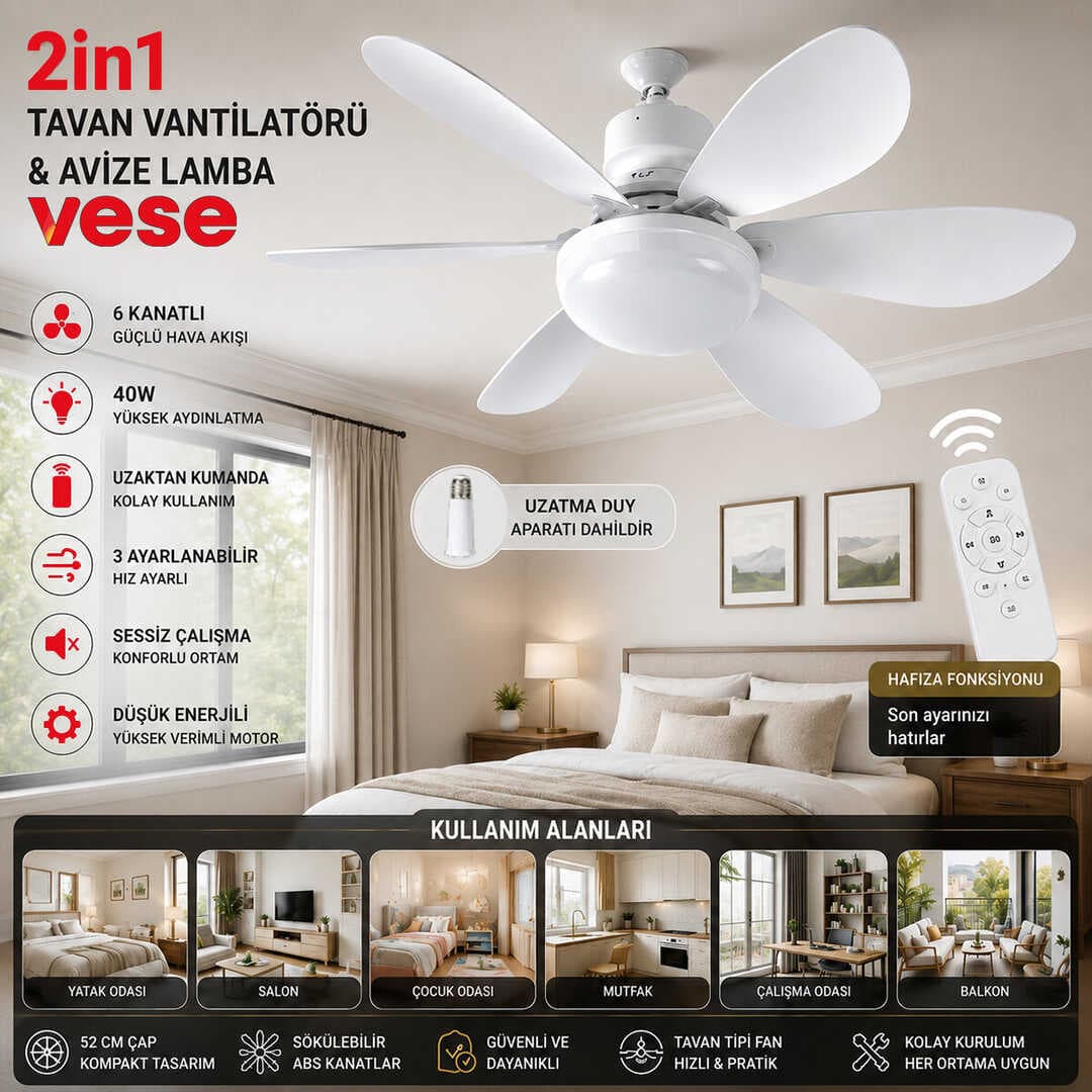 2İN1=TAVAN VANTİLATÖR - AVİZE LAMBA 40W KUMANDALI 6KNAT VNT-005 (5430)
