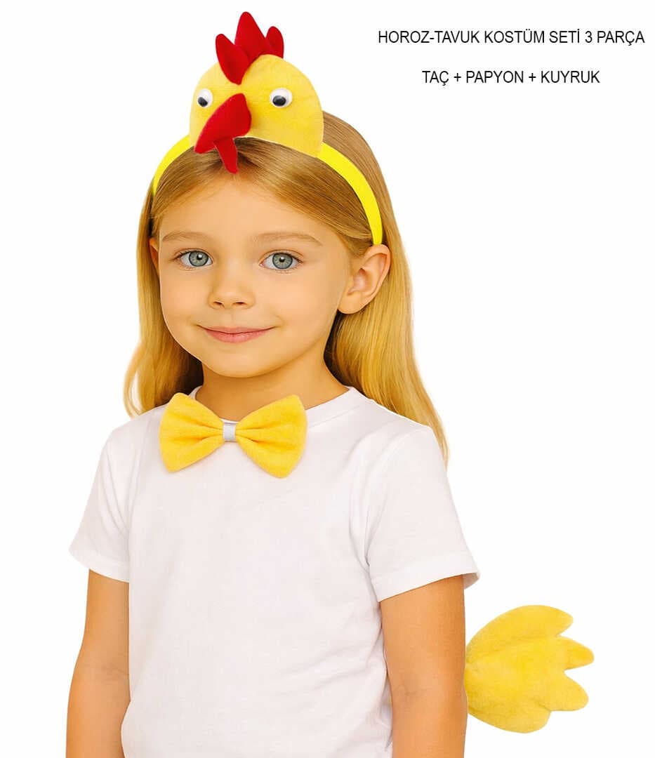 Horoz – Tavuk Kostüm Aksesuar Seti - Taç Papyon Kuyruk (5430)