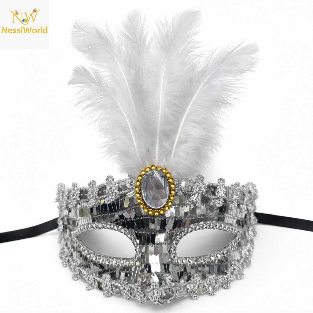 Lüks Gümüş Tüylü Taşlı Balo Maskesi