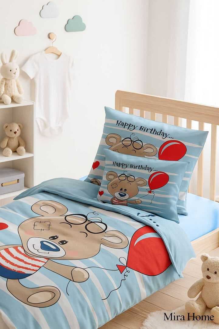 Yenidoğan Erkek Bebek Nevresim Takımı %100 Pamuklu Bear Baloon