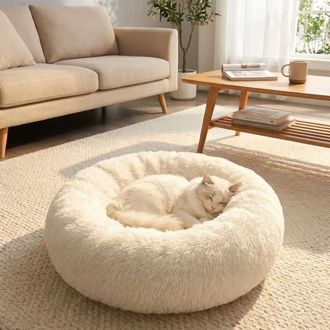 Yuvarlak Ultra Yumuşak Welsoft Peluş Kedi ve Köpek Yatağı – Kaymaz Taban Tüylü Pet Pufu,Uyku Minderi (krem) (5430)